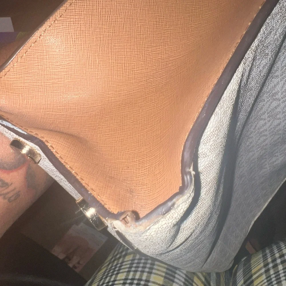 Michael Kors Cream and Tan MK Monogram Satchel